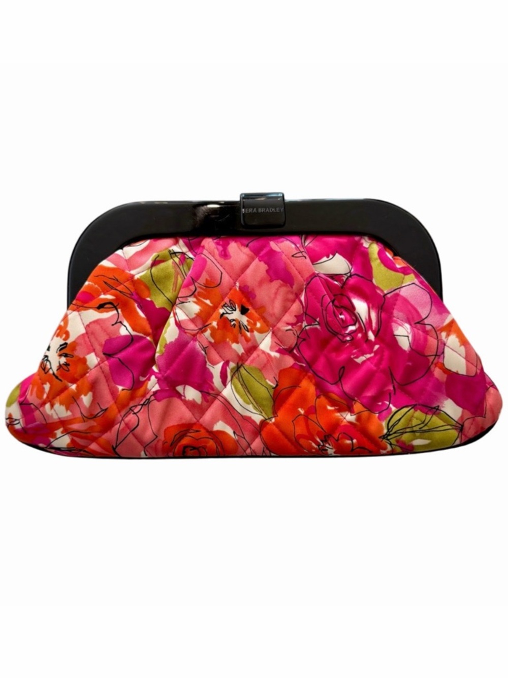 Vera Bradley Pink Vintage Rose Millie Floral Quilted Satin Clutch Black Lucite